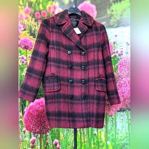 Coach Plaid long pea coat Medium, NWT